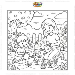Tranh tô màu bé tưới cây cùng mẹ
