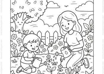 Tranh tô màu bé tưới cây cùng mẹ