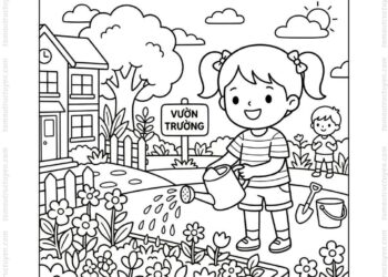 Tranh tô màu bé tưới cây ở trường