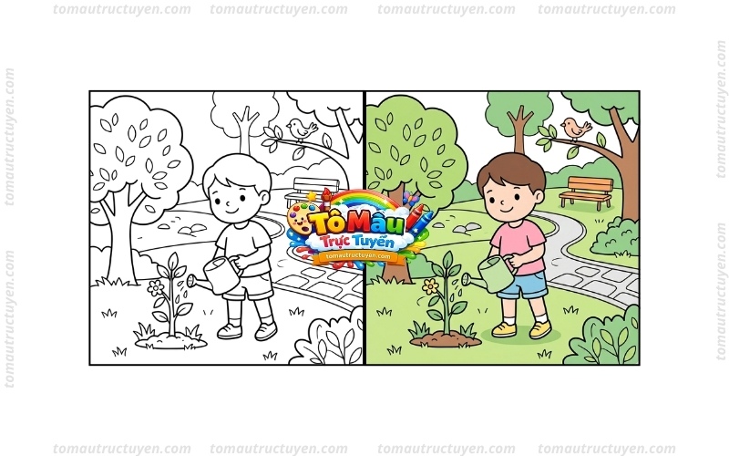 Tranh tô màu bé tưới cây