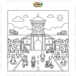 Tranh tô màu chợ Bến Thành đẹp