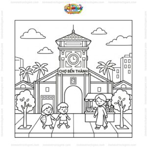 Tranh tô màu chợ Bến Thành đơn giản