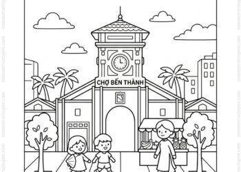 Tranh tô màu chợ Bến Thành đơn giản