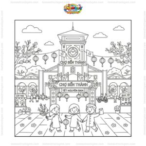 Tranh tô màu chợ Bến Thành ngày Tết