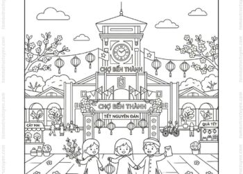 Tranh tô màu chợ Bến Thành ngày Tết