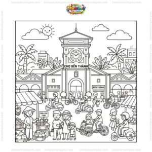 Tranh tô màu chợ Bến Thành nhộn nhịp