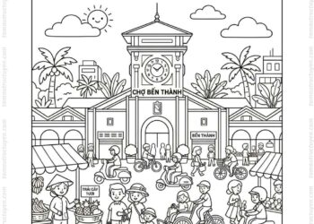 Tranh tô màu chợ Bến Thành nhộn nhịp