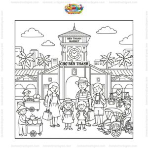 Tranh tô màu chợ Bến Thành và du khách