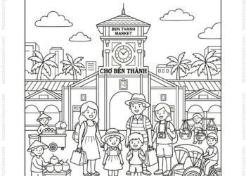 Tranh tô màu chợ Bến Thành và du khách