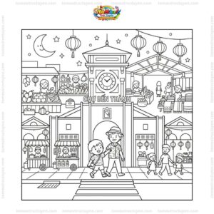 Tranh tô màu chợ Bến Thành về đêm