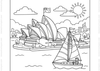 Tranh tô màu nhà hát Opera Sydney và thuyền buồm