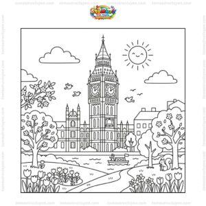 Tranh tô màu tháp Big Ben mùa xuân