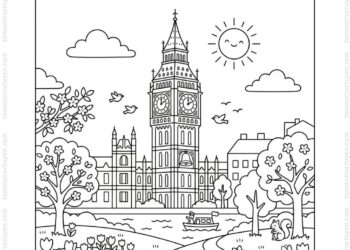 Tranh tô màu tháp Big Ben mùa xuân