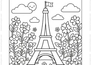 Tranh tô màu tháp Eiffel và hoa