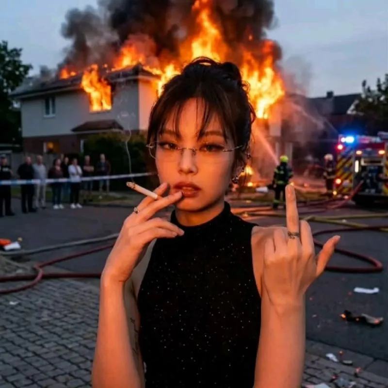 Ảnh chế ca sĩ Jennie (Blackpink) đang hút thuốc và giơ ngón tay thối trước một ngôi nhà đang cháy dữ dội phía sau.
