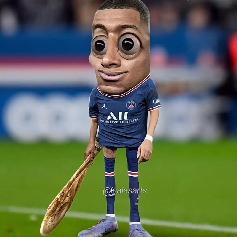 Ảnh chế dị dạng kéo dài khuôn mặt của Kylian Mbappe brainrot đang cầm một chiếc gậy trên sân cỏ