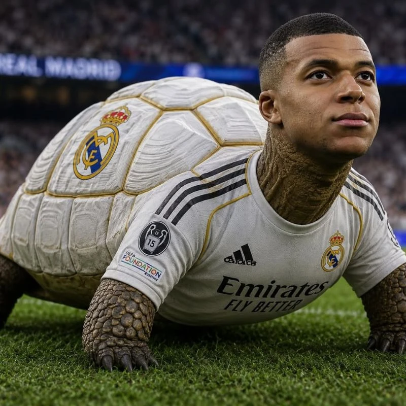 Ảnh AI ghép đầu Kylian Mbappe vào thân một chú rùa mặc áo đấu Real Madrid trên sân cỏ