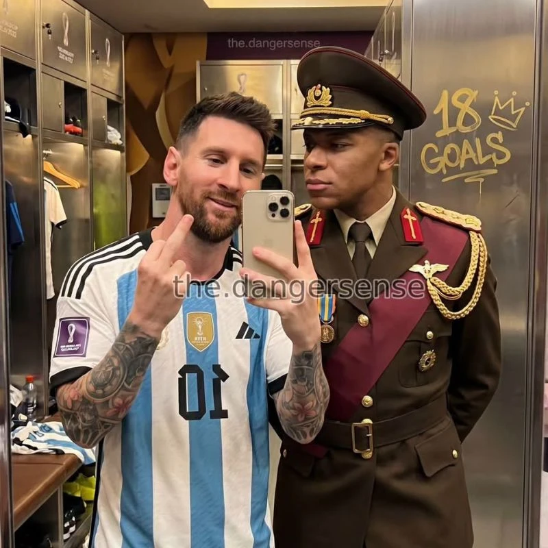 Ảnh chế Lionel Messi giơ ngón tay thối selfie cùng Kylian Mbappe trong trang phục quân phục độc tài tại phòng thay đồ