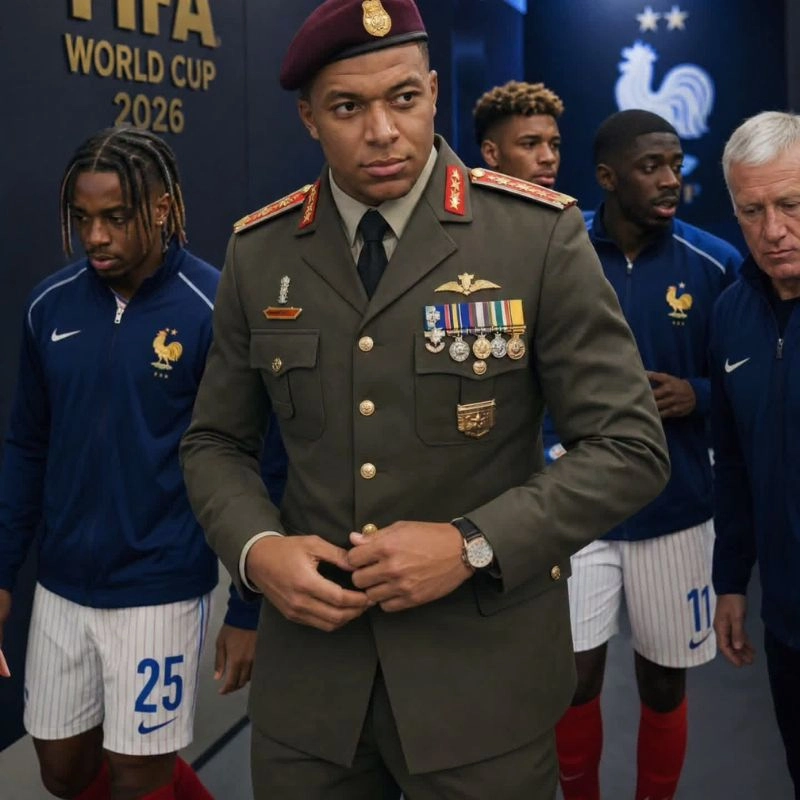 Cầu thủ Kylian Mbappe trong trang phục quân phục độc tài đang đi dọc đường hầm sân vận động World Cup 2026