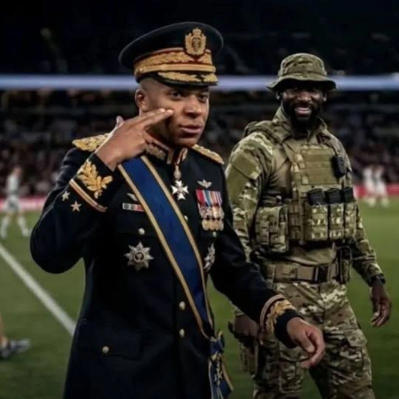 Cận cảnh Kylian Mbappe mặc quân phục cấp cao đang giơ tay chào kiểu quân đội bên cạnh lính đặc nhiệm