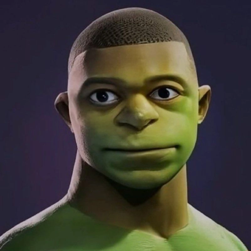Ảnh chế khuôn mặt Kylian Mbappe ghép vào thân nhân vật Shrek da xanh mang phong cách meme độc lạ