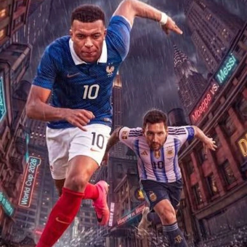 Ảnh ghép đồ họa Kylian Mbappe và Lionel Messi chạy đua trên đường phố trong không khí World Cup 2026