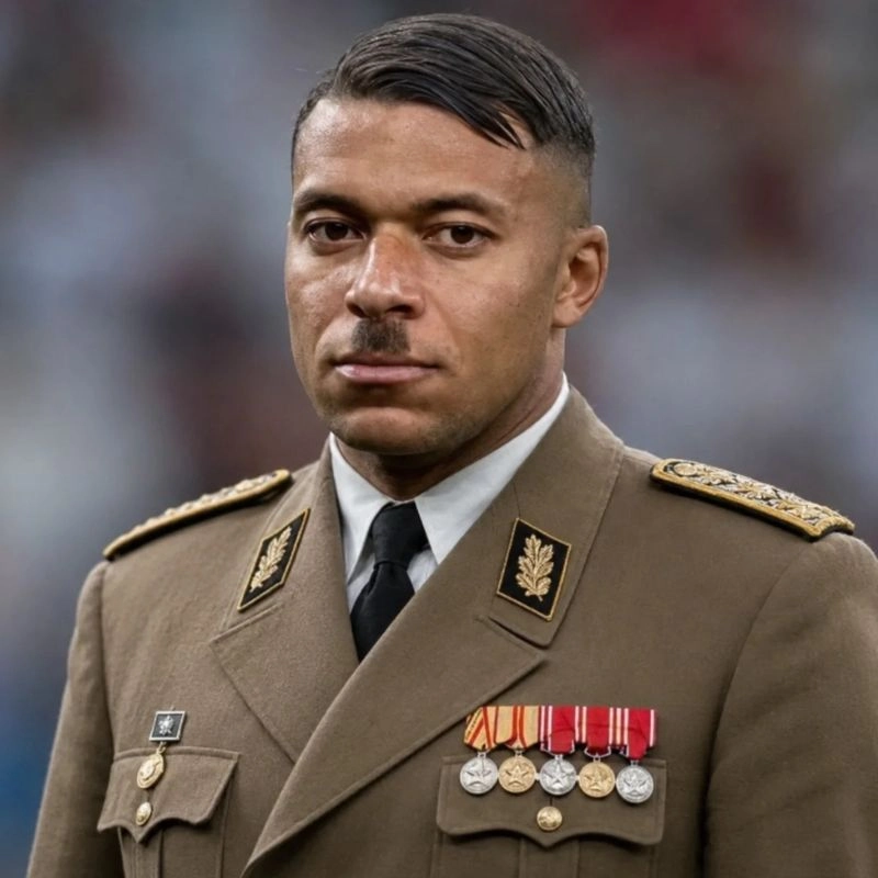 Ảnh ghép gương mặt Kylian Mbappe mặc quân phục thời chiến mang phong cách độc tài cổ điển