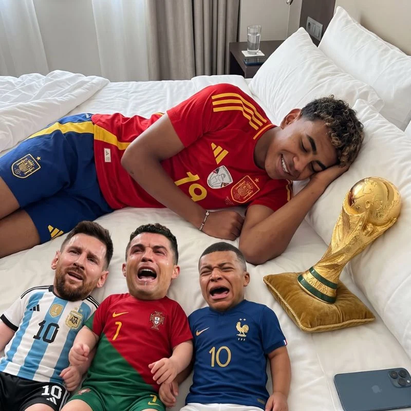 Lamine Yamal ngủ cùng cúp vô địch bên cạnh Messi, Ronaldo và Mbappe đang khóc
