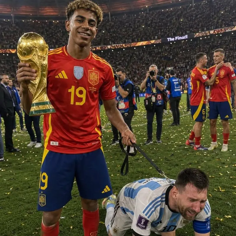 Ảnh chế Lamine Yamal dắt Messi mặc áo tuyển Argentina bằng dây xích trên sân bóng