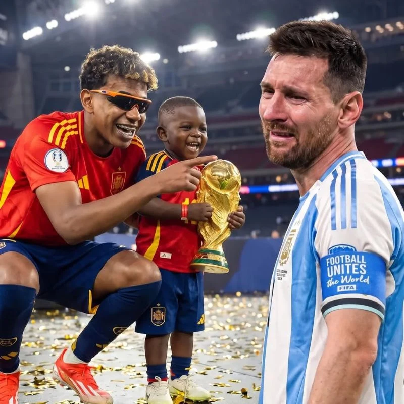 Meme Lamine Yamal và cậu em trai vui vẻ cầm cúp vô địch trước mặt Lionel Messi đang khóc