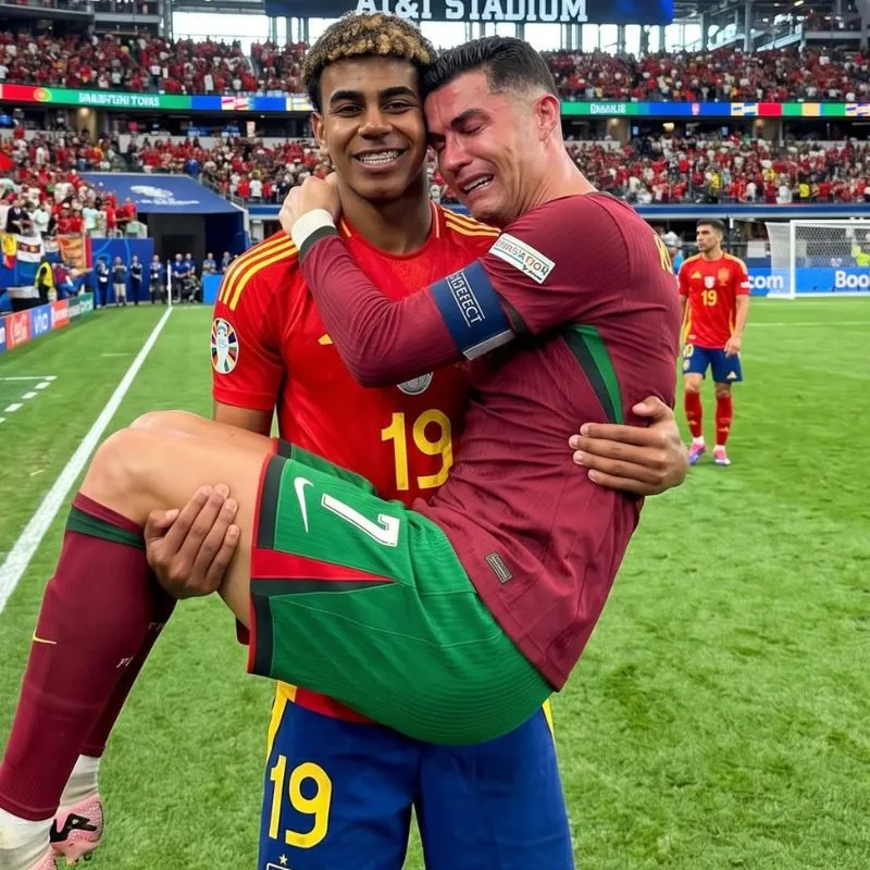 Ảnh chế Lamine Yamal bế thốc huyền thoại Cristiano Ronaldo đang khóc nức nở trên sân bóng