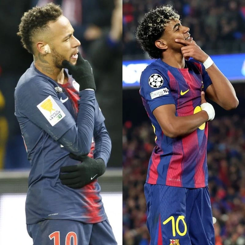 Ảnh so sánh tư thế chống cằm trầm ngâm đầy chất nghệ thuật của Neymar và Lamine Yamal
