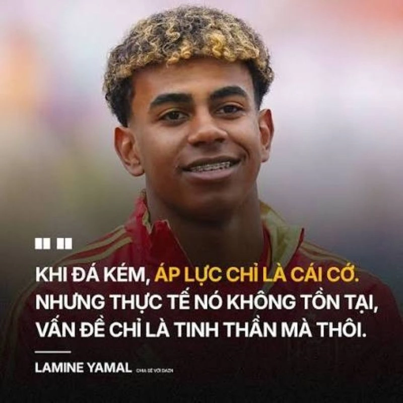Ảnh chân dung Lamine Yamal kèm câu nói triết lý về áp lực và tinh thần thi đấu bóng đá