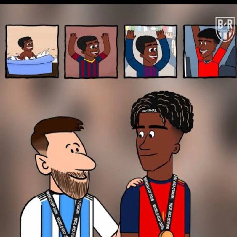 Tranh vẽ các giai đoạn lớn lên và khoảnh khắc Lamine Yamal được Messi ôm động viên