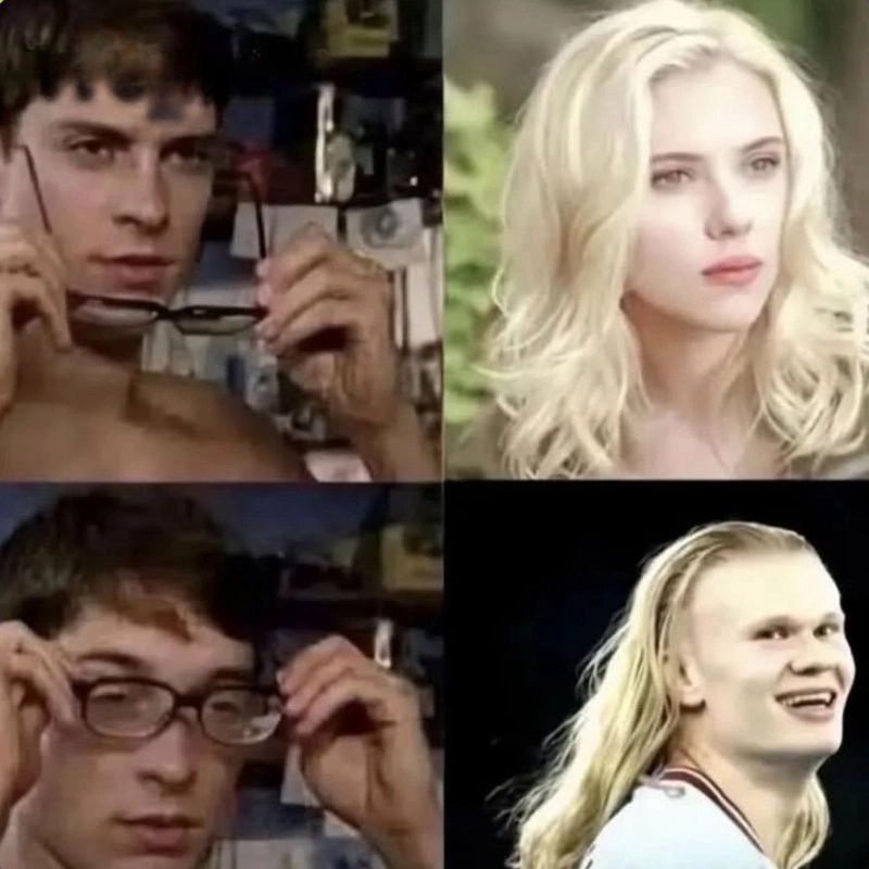 Meme so sánh biểu cảm khuôn mặt Scarlett Johansson và Erling Haaland