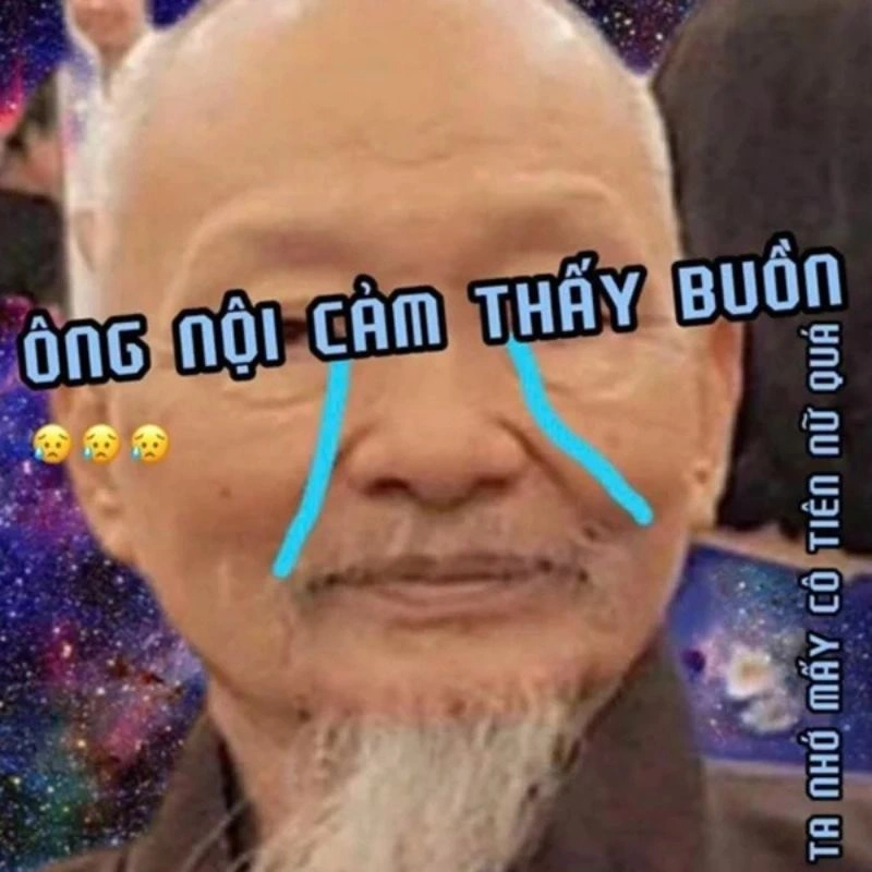 Ảnh chế gương mặt thầy ông nội với hai vệt nước mắt xanh trên nền vũ trụ