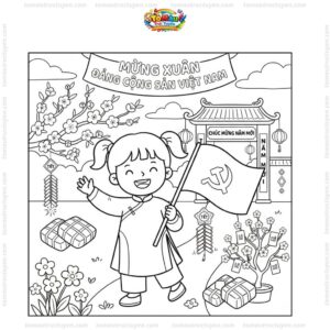Tranh tô màu lá cờ Đảng mừng xuân