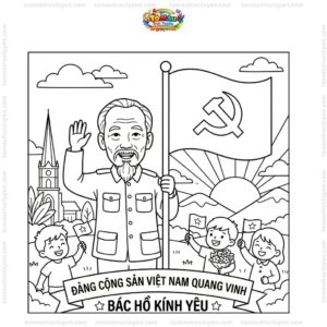Tranh tô màu lá cờ Đảng và Bác Hồ