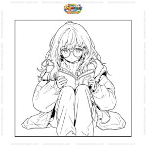 Tranh tô màu anime girl cute đọc sách