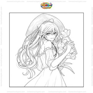 Tranh tô màu anime girl cute ngắm hoa