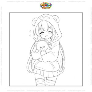 Tranh tô màu anime girl cute ôm gấu