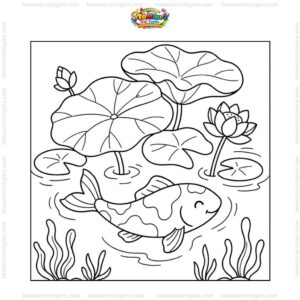 Tranh tô màu cá koi dưới lá sen