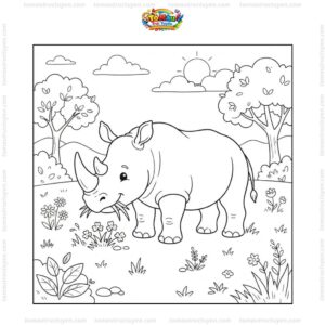 Tranh tô màu con tê giác gặm cỏ