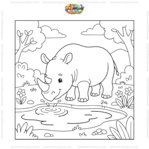 Tranh tô màu con tê giác uống nước