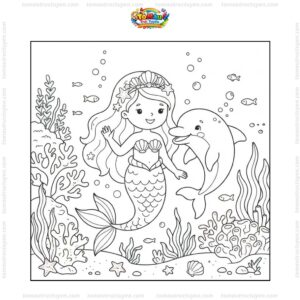 Tranh tô màu nàng tiên cá và cá heo