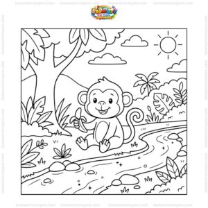 Tranh tô màu con khỉ bên suối