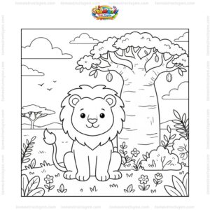 Tranh tô màu con sư tử bên cây bao báp Tranh tô màu con sư tử bên cây bao báp