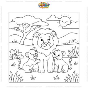 Tranh tô màu con sư tử bên đàn con