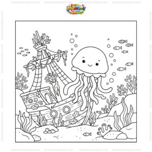 Tranh tô màu con sứa cạnh tàu đắm