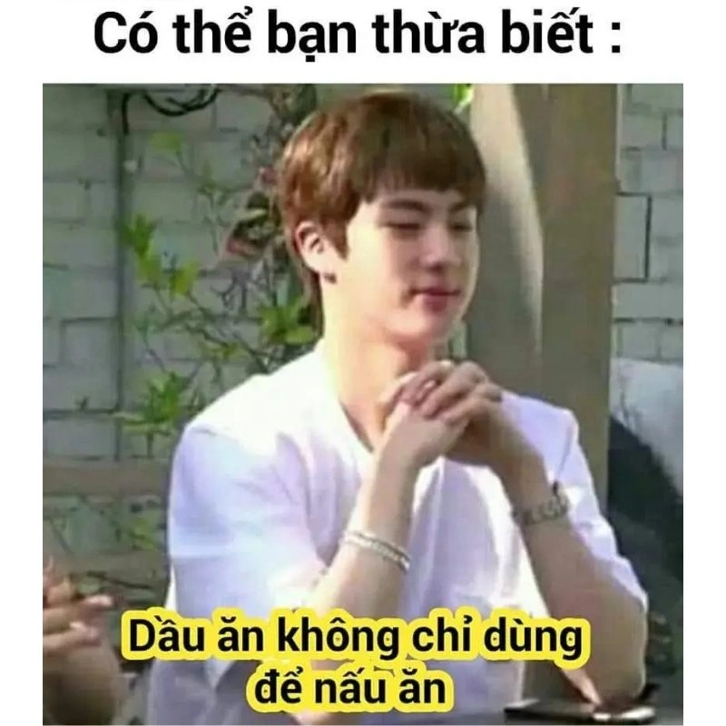 Meme Jimin BTS mỉm cười chắp tay kèm dòng chữ dầu ăn không chỉ dùng để nấu ăn